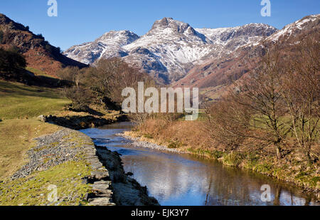 Langdale Pikes aus gesehen, an den Ufern des Great Langdale Beck im Winter Lake District National Park Cumbria England UK Stockfoto