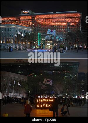 Seoul, Südkorea. 28. März 2015. Fotos aufgenommen am 28. März 2015 zeigt das Rathaus von Seoul mit Lichtern auf (siehe oben) und aus (siehe unten), Signal zum Jahresbeginn der Earth Hour Kampagne in Seoul, Südkorea. Bildnachweis: Seongbin Kang/Xinhua/Alamy Live-Nachrichten Stockfoto