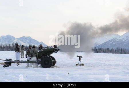 Fallschirmjäger zugewiesen A Batterie 377. Parachute Field Artillery Regiment, 2. Bataillon, 4th Infantry Brigade Combat Team, 25. Infanterie-Division, Teil der US-Armee Alaska, Feuer eine 105mm Haubitze auf Malemute Drop-Zone bei Joint Base Elmendorf-Richardson, Alaska, 3. Dezember 2013.  Justin Connaher Stockfoto