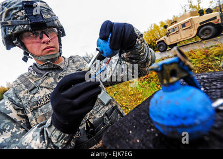 Pvt. Ashley Altamar installiert aus San Diego, Kalifornien, zugewiesene 545 Military Police Company, eine neue Sicherung in eine Praxis-Handgranate, 20. September 2012. Soldaten der 545 Military Police Company durchlaufen Stationen Kraft Handrange Granate auf gemeinsamer Basis Elmendorf-Richardson, Alaska. Die Soldaten wurden ihre Fähigkeiten mit Einsatz Praxis Handgranaten in verschiedenen Szenarien auf mehrere simulierte Ziele vor dem Wurf live Granaten erfrischend. Stockfoto