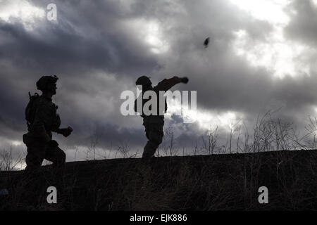 US Army Rangers von Alpha Company, 2. Bataillon, 75th Ranger Regiment werfen Handgranaten während einer Demo-Bereich bei Fort Hunter Liggett, Calif., 3. Februar 2014. Rangers sind ständig Ausbildung technische Kompetenz auf höchste Niveau zu halten.    Staff Sgt Teddy Wade /ranger/ /ranger/ Stockfoto