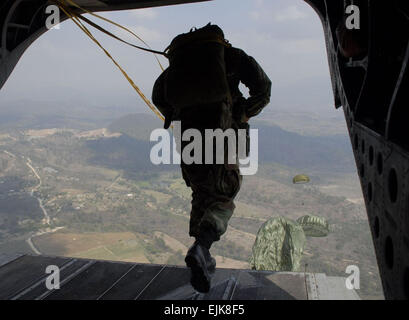 Ein Fallschirmjäger springt von der Rückseite eine gemeinsame Task Force-Bravo CH-47 Chinook-Hubschrauber über Tamara Drop-Zone, die Website des diesjährigen Iguana Voladora 2008. Die Luft Übung ist Joint Task Force-Bravo größte gemeinsame und kombinierte Fortbildungsveranstaltung zur Stärkung der regionalen Zusammenarbeit und Sicherheit zwischen den Ländern Amerikas entwickelt.  Techn. Sgt. William Farrow Stockfoto