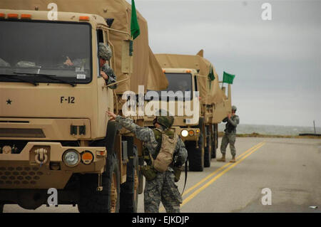 CAMP BEAUREGARD, Louisiana – A Soldier von 199. Brigade Support Battalion in Alexandria, Louisiana, leitet die M1078 Light Medium taktische Fahrzeuge zum Treffpunkt für verletzte Zivilisten während Hurrikan-Übungen. Die Soldaten wurden Szenarien gegeben, und dann auf ihre Reaktion auf die Situation in der Vorbereitung für zukünftige Naturkatastrophen Staff Sgt Thomas Benoit, Louisiana Nationalgarde Public Affairs Fotografen bewertet. Stockfoto