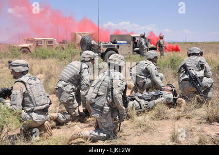 Soldaten, 4. Bataillon, 27. Feldartillerie-Regiment, 2. Brigade zugewiesen, 1. US-Panzerdivision vorbereiten, ein Soldat während einer medizinischen Evacuataion in White Sands Missile Range, NM, 8 Juli zu transportieren. Diese Übung ist Teil 2/1 AD-Netzwerk Integration Bewertung Veranstaltung. Stockfoto