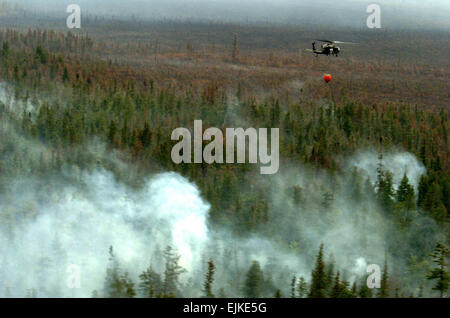 Ein Flugzeug aus Michigan Army National Guard nutzt einen Bambi-Eimer, eine Antenne Brandbekämpfung Werkzeug unter einem Hubschrauber ausgesetzt, um ein Feuer zu löschen 10 Meilen von Tahquamenon Falls State Park in Michigan, 8. August 2007.  Staff Sgt Helen Miller, Stockfoto