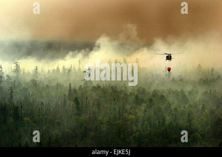 Der Michigan Army National Guard nutzt einen Bambi-Eimer, eine Antenne Brandbekämpfung Werkzeug unter einem Hubschrauber ausgesetzt, um ein Feuer zu löschen 10 Meilen von Tahquamenon Falls State Park, Michigan, 8. August 2007.  Staff Sgt Helen Miller Stockfoto