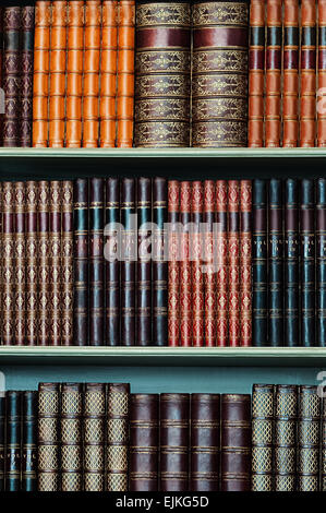 Alte Bibliothek Vintage Hardcover Bücher über Regale vertikal Stockfoto