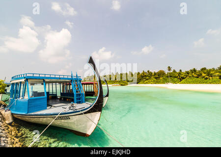 Dhoni Boote festgemacht an der Anlegestelle auf Makunudu auf den Malediven Stockfoto