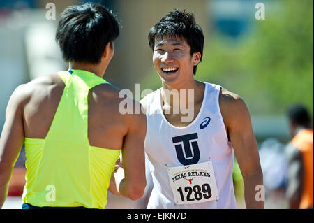 28. März 2015: Yoshihide Kiryu #1289 aus Japan gewinnt die Männer 100 Meter Dash Invitational mit einer Zeit von 9,87 am 88. NIKE Clyde Littlefield Texas Relays, Mike A. Myers Stadium. Austin, Texas. Stockfoto