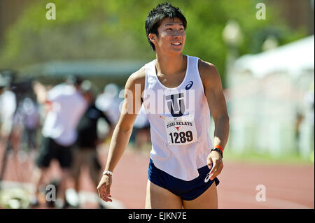 28. März 2015: Yoshihide Kiryu #1289 aus Japan gewinnt die Männer 100 Meter Dash Invitational mit einer Zeit von 9,87 am 88. NIKE Clyde Littlefield Texas Relays, Mike A. Myers Stadium. Austin, Texas. Stockfoto