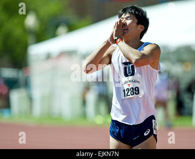 28. März 2015: Yoshihide Kiryu #1289 aus Japan gewinnt die Männer 100 Meter Dash Invitational mit einer Zeit von 9,87 am 88. NIKE Clyde Littlefield Texas Relays, Mike A. Myers Stadium. Austin, Texas. Stockfoto