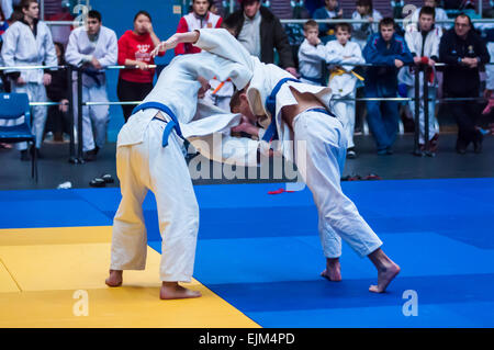 ORENBURG, Region ORENBURG, Russland - 29. November 2014: zwei Jungen kämpfen um die Meisterschaft über Judo unter Junioren Stockfoto