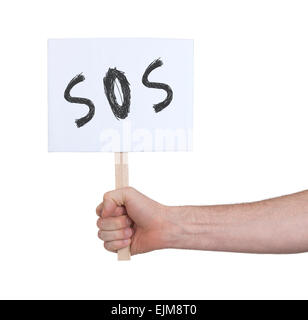 Hand mit Schild, isoliert auf weiss - SOS Stockfoto