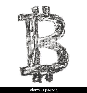 Schwarz-Bitcoin-Symbol, dezentrale handgefertigte Zeichnung eines digitalen Krypto Währung, Buchstabe B auf weißem Hintergrund. Stockfoto