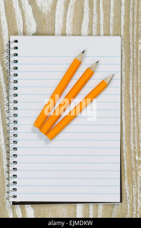 Büro-Desktop mit drei Stiften auf offenen Notizblock mit Alter weißem Holz. Ansicht von oben abgewinkelt Schuss in Hochformat. Stockfoto