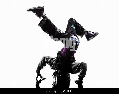 eine hip Hop Breakdance Breakdance Handstand Mann Silhouette weißen Hintergrund Stockfoto