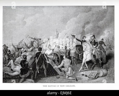 Die Schlacht von New Orleans war eigentlich mehr als eine. Der Konflikt fand über einen Zeitraum von wenigen Tagen – vom 24. Dezember 1814, zum 8. Januar 1815.  Diese Abbildung stammt bis 1898. Es war die letzte Schlacht des Krieges von 1812, zwischen den Amerikanern und den Briten gekämpft. Verantwortlich für die amerikanischen Streitkräfte war Generalmajor Andrew Jackson. Verantwortlich für die britischen Streitkräfte war General Edward Pekenham und verantwortlich für die britische Marine Admiral Alexander Cochrane. Stockfoto