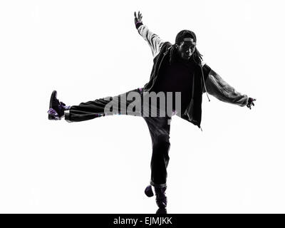 einen hip Hop akrobatische Pause Tänzer Breakdance Jüngling Silhouette weißen Hintergrund Stockfoto