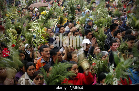 Quito, Ecuador. 29. März 2015. Anhänger halten Sträuße mit Palmen, der Palmsonntag in Quito, Hauptstadt von Ecuador, am 29. März 2015 feiern gemacht. Palmsonntag ist ein fest vor Ostern gefeiert. © Santiago Armas/Xinhua/Alamy Live-Nachrichten Stockfoto