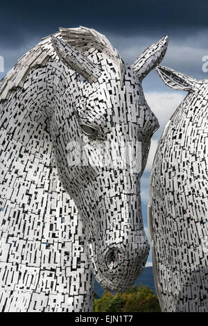 Eines der Kelpie Skulpturen von Andy Scott, zwei riesige Pferde Köpfe Skulpturen aus Edelstahl, The Helix, Schottland. Stockfoto