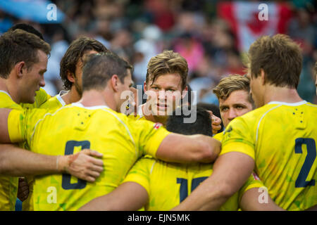 Hong Kong, China. 28. März 2015. Australische Cameron Clark in Teamsitzung nach Spiel. Neuseeland Vs Australien. Tag2 des 40. Hong Kong Rugby-7's.28.03.15. 28. März 2015. Bildnachweis: Jayne Russell/Alamy Live-Nachrichten Stockfoto