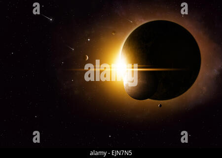 abstrakte imaginären Weltraum Eclipse Illustration mit Planeten und Monde Stockfoto
