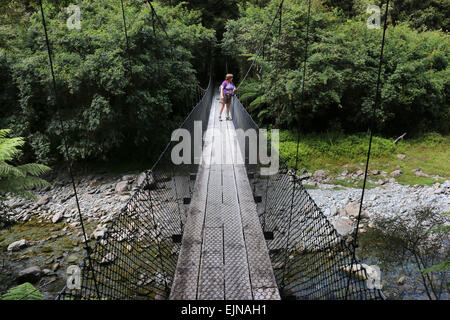 Wanderer auf Fussgängerbrücke bei Monro beach Trail durch subtropischen Regenwald Neuseeland Stockfoto