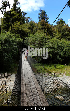 Wanderer auf Fussgängerbrücke bei Monro beach Trail durch subtropischen Regenwald Neuseeland Stockfoto