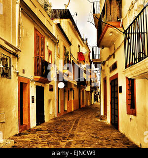 Blick auf eine typische Straße von Dalt Vila, die Ibiza-Stadt Altstadt, Balearen, Spanien, mit einem Retro-Effekt Stockfoto