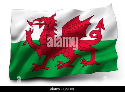 Wehende Flagge von Wales isoliert auf weißem Hintergrund Stockfoto