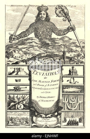 Frontispiz von "Leviathan oder Angelegenheit, Forme und macht von einer gemeinsamen Reichtum Ecclesiasticall und zivilen" durch englische politische Philosoph Thomas Hobbs (1588-1679). Die Menschen erhalten ihre Einheit zusammenkommen, um eine souveräne Macht (Parlament oder Monarchie) geworden. Siehe Beschreibung für mehr Informationen. Stockfoto