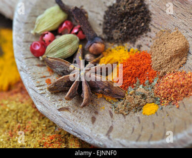 bunte Gewürze mit Anis in einem Holzlöffel Stockfoto