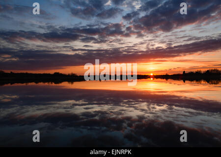 Sonnenuntergang über der weit Ings National Nature Reserve in North Lincolnshire, Großbritannien. Stockfoto