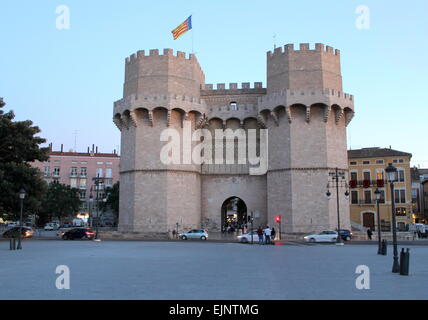 Torres de Serran (o) s oder Serrano Türme erhalten im 14. Jahrhundert wohl wichtigste Stadttor von Valencia, Spanien Stockfoto