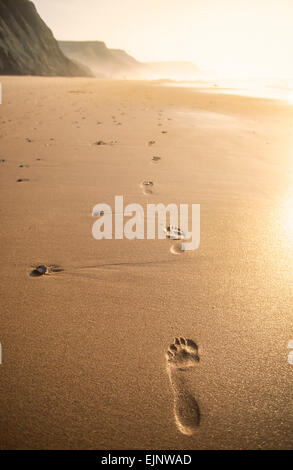 Spuren im Sand bei Sonnenuntergang Castelejo Beach Algarve Portugal EU Europa Stockfoto
