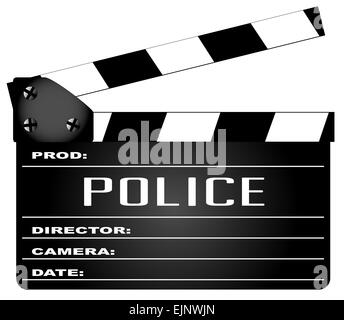 Eine typische Film-Klappe mit der Legende isoliert Polizei auf weiss. Stockfoto