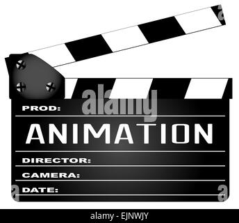 Eine typische Film-Klappe mit der Legende isoliert Animation auf weiss. Stockfoto