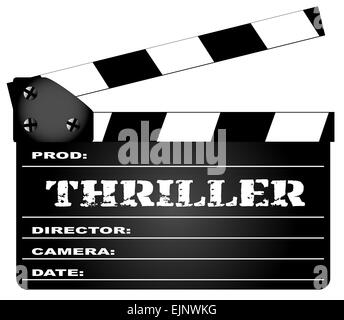 Eine typische Film-Klappe mit der Legende isoliert Thriller auf weiss. Stockfoto