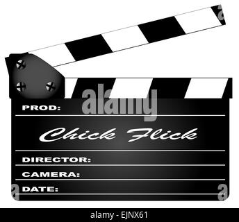 Eine typische Film-Klappe mit der Legende Chick Flick isoliert auf weiss. Stockfoto