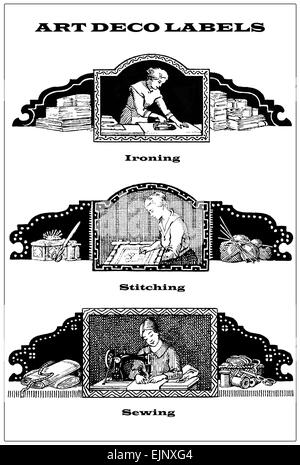 3 Vintage Grenzen - Etiketten über tägliche Frau Hausarbeit: Nähen, Nähen, Bügeln Stockfoto