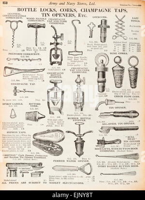 Von der Armee und Marine Läden Vorkriegszeit Versandhauskatalog, (London, UK, 1935) - Dosenöffner Korkenzieher, Flaschenöffner, Stockfoto