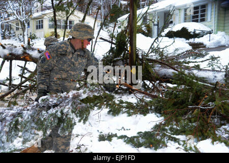 Ersten Lt. Kyle Ferrier Zugführer aus D Company 1. Bataillon 182. Infanterie-Regiment, Massachusetts Nationalgarde, von Quincy, Massachusetts, Schmutz von der Straße hier löscht 12. Februar 2013. Soldaten aus D Firma 1-182. arbeiten in Plymouth und Marshfield Messe clearing Straßen in Reaktion auf Wintersturm Nemo.  Sgt Steven C. Eaton Stockfoto