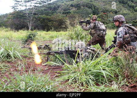 SPC. Derrick Penninger, 3. Staffel, 4. Kavallerie-Regiment, 3rd Brigade Combat Team, 25. Infanteriedivision feuert seine M240B Maschinengewehr während Betrieb Raider plündern auf Schofield Barracks, Hawaii, 24 April in Vorbereitung auf die kommende Übung Bronco Brigaden Bronco Rumble. Die IED-Bahnen sind mit virtuellen Systemen gleichzeitig verwendet, um full-Motion-Übungen absolvieren. US-Armee. Foto von 1st Lt. Garrett Nash Stockfoto