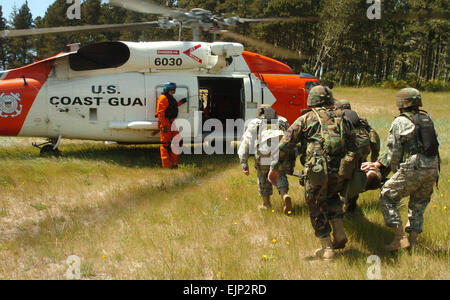 US-Armeesoldaten vom 915th Medical Detachment vorwärts Support Team, Vancouver, Washington, Umzug eines verletzten US Luftwaffe Flieger von 142. Sicherheit Kräfte Geschwader nach einer Küstenwache Hubschrauber während einer Übung auf der Coast Guard Air Station Astoria, Oregon/USA, 7. Juni 2007.  Senior Airman John Hughel Jr., US Air Force. Stockfoto