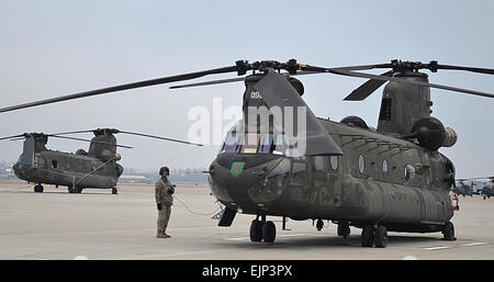 Sgt. Jeremy Ganz, Flugingenieur mit Unternehmen B, 2. General Support Aviation Battalion, 1st Aviation Regiment, 1st Combat Aviation Brigade, 1st Infantry Division führt Pre Flugverfahren vor Beginn seiner Reise nach Fort Carson, Colorado, Jan. 28, liefern drei CH - 47D Chinook-Hubschrauber, 4. Combat Aviation Brigade, 4. US-Infanteriedivision.  Sgt. Keven Parry, 1st Combat Aviation Brigade, 1st Infanteriedivision. Stockfoto