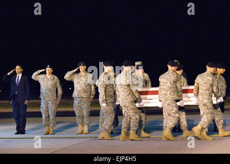 Von links: Präsident Barack Obama, US-Armee Generalmajor Daniel V. Wright und Armee Major General Michael S. Repass Gruß als ein Team von Soldaten tragen die Reste der Armee Sgt. Dale R. Griffin während einer würdevollen Transfer-Zeremonie auf der Dover Air Force Base, Del., 29. Oktober 2009.  Jason Minto Stockfoto