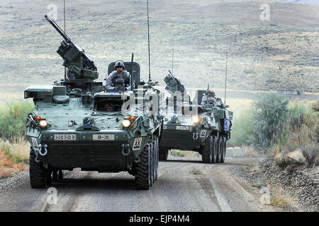 US-Soldaten mit der 5. Bataillon, 20. Infanterie-Regiment, 3rd Stryker Brigade Combat Team, 2. US-Infanteriedivision, statt auf die Straße während einer gemeinsamen Zug Übung bei der Yakima Training Center, Washington, 16. September 2013. Steigende Thunder ist eine US-Army-gehosteten Übung entwickelt, um Interoperabilität zwischen i. Korps, die 7. US-Infanteriedivision und der Japan Ground Self-Defense Force bauen.   Sgt Austan Owen Stockfoto