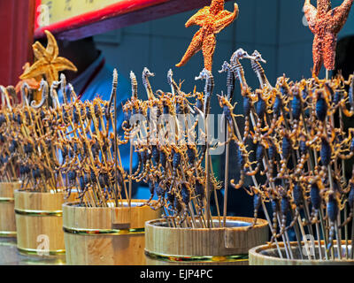 China, Peking, Skorpione und Seesterne am Spieß, Wangfujing Street Nachtmarkt Stockfoto