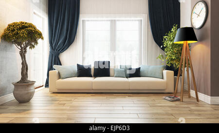 Wohnzimmer oder Salon Interior Design-rendering Stockfoto