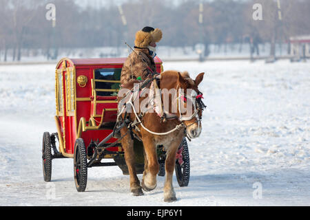 Bespannten Wagen auf eingefrorene Songhua River, Harbin, Provinz Heilongjiang, China Stockfoto